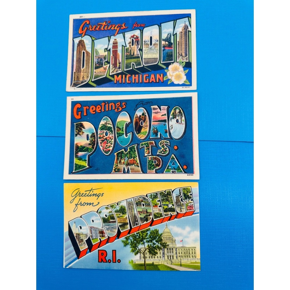 3 Vintage Large Letter Linen Postcards Detroit Pocono Mts Providence RI Unposted